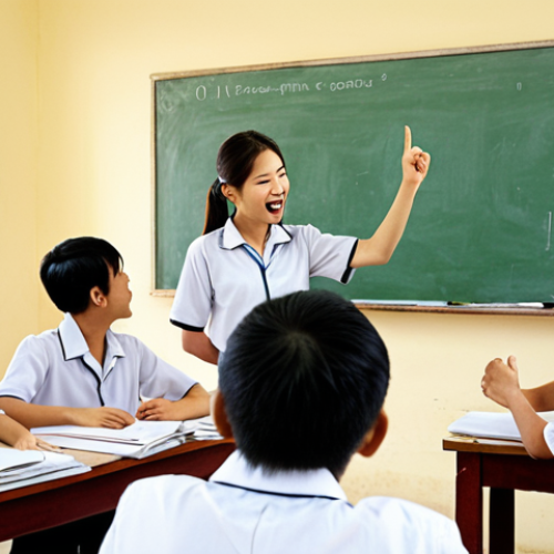 **

A vibrant and collaborative Vietnamese classroom scene. Students are actively engaged in a group discussion, with one student gesturing enthusiastically. The teacher is facilitating, listening attentively with a warm smile. The overall atmosphere should convey trust and open communication, perhaps with a whiteboard displaying key Vietnamese words related to teamwork and respect.

**