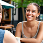 ** A person actively listening to someone, making eye contact and smiling genuinely. Focus on conveying empathy and understanding through body language and facial expressions. The background should be a friendly and inviting setting, perhaps a cafe or park.

**