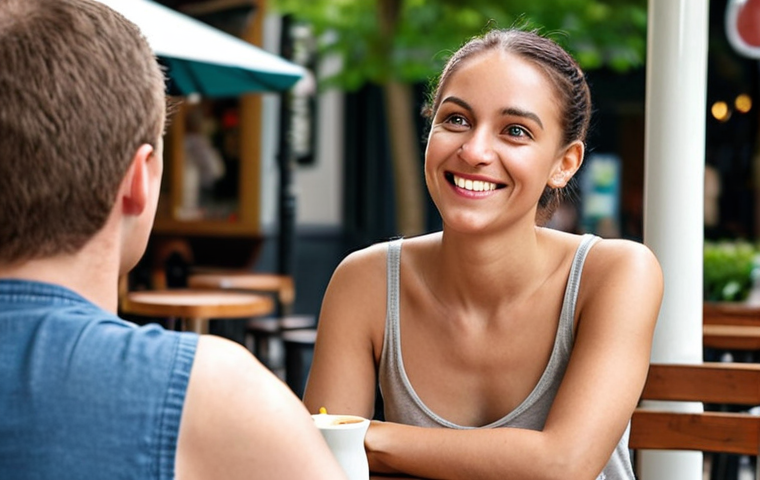 ** A person actively listening to someone, making eye contact and smiling genuinely. Focus on conveying empathy and understanding through body language and facial expressions. The background should be a friendly and inviting setting, perhaps a cafe or park.
**