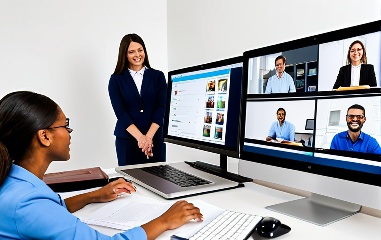 A diverse group of adult students, perfectly depicted with correct proportions and natural poses, fully clothed in professional, modest attire, actively participating in an online learning session. A professional instructor, also fully clothed in appropriate attire, is visible on a large screen, engaging with them. The students are in different well-lit home office or study settings, each looking at their laptops or tablets. Their screens display interactive elements like live polls, collaborative whiteboards, and video conferencing feeds, symbolizing dynamic online tools. The atmosphere is vibrant and focused. Professional photography, high-resolution, vivid colors, clear focus. safe for work, appropriate content, fully clothed, family-friendly.