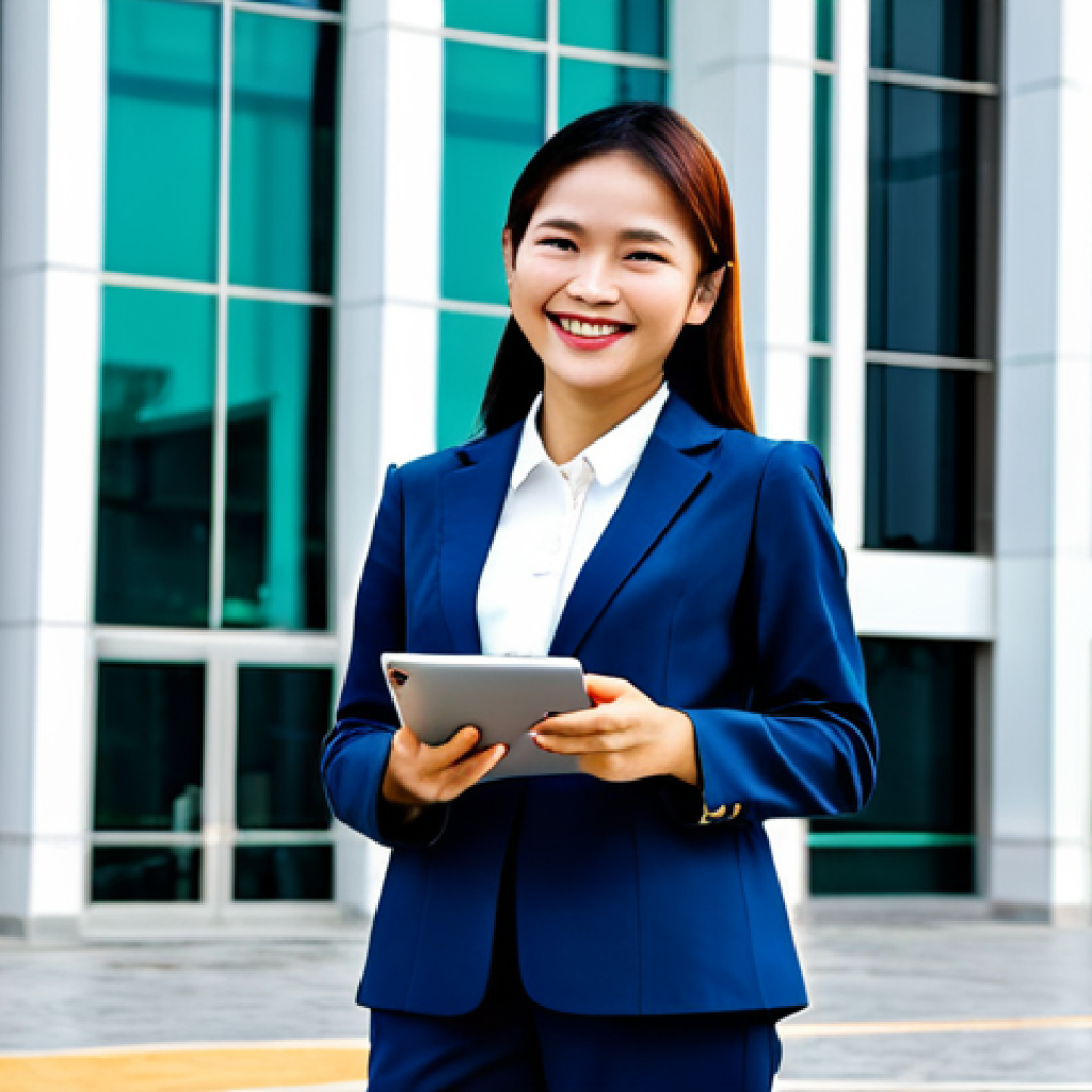 A Modern Professional**
A confident businesswoman in a tailored, modest blazer and dress pants, standing in front of a brightly lit, modern office building in Ho Chi Minh City, Vietnam. She is holding a tablet and smiling slightly. Appropriate attire, safe for work, fully clothed, professional. Perfect anatomy, correct proportions, natural pose, well-formed hands, proper finger count, natural body proportions, professional photography, high quality.
**