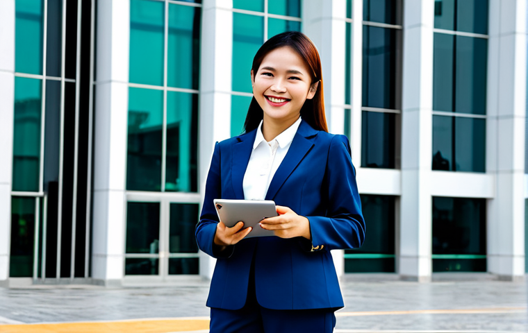 A Modern Professional**
A confident businesswoman in a tailored, modest blazer and dress pants, standing in front of a brightly lit, modern office building in Ho Chi Minh City, Vietnam. She is holding a tablet and smiling slightly. Appropriate attire, safe for work, fully clothed, professional. Perfect anatomy, correct proportions, natural pose, well-formed hands, proper finger count, natural body proportions, professional photography, high quality.
**