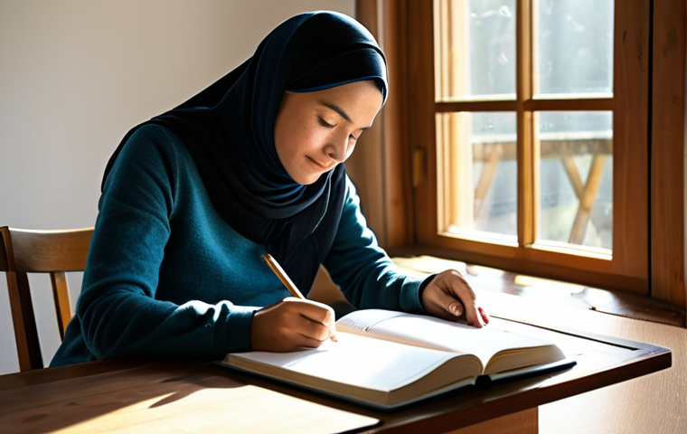 Reflective Journaling**
"A person with a peaceful expression, fully clothed in modest attire, sitting at a wooden desk in a sunlit room. They are writing in a journal titled 'My Feelings and Needs'. Soft, natural light. Calm environment. Safe for work, appropriate content, fully clothed, professional, natural proportions, perfect anatomy, family-friendly."
**