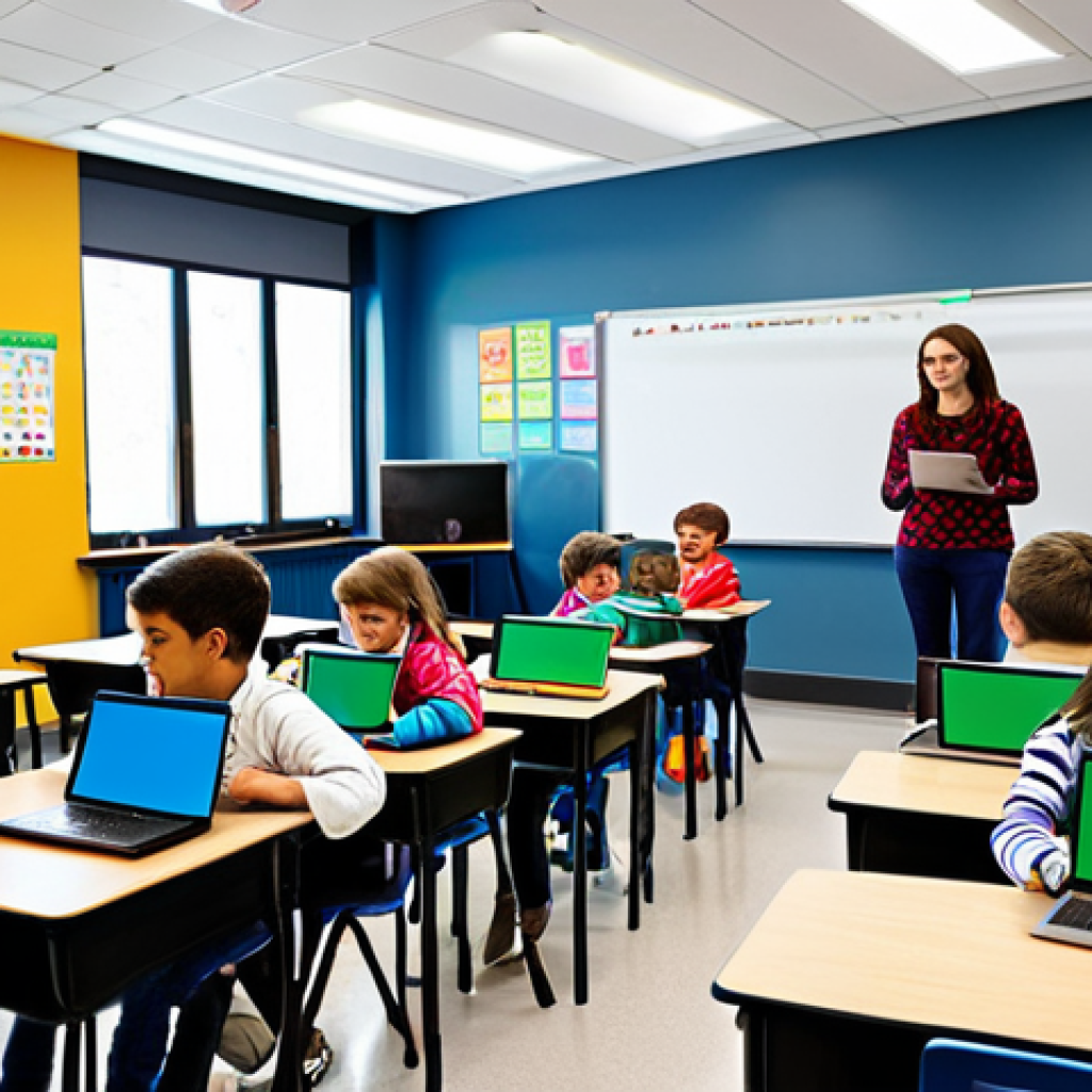 Interactive Classroom**

"A brightly lit, modern classroom filled with engaged students and a teacher facilitating a discussion. Students are working on tablets and laptops. The room features colorful decorations and comfortable seating arrangements. fully clothed, appropriate attire, safe for work, perfect anatomy, natural proportions, professional educational setting, high quality, family-friendly"

**