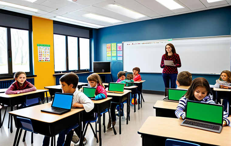 Interactive Classroom**

"A brightly lit, modern classroom filled with engaged students and a teacher facilitating a discussion. Students are working on tablets and laptops. The room features colorful decorations and comfortable seating arrangements. fully clothed, appropriate attire, safe for work, perfect anatomy, natural proportions, professional educational setting, high quality, family-friendly"

**