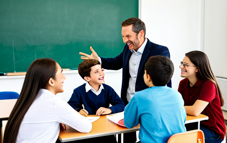 소통을 통한 학습자와의 관계 강화 - Comfortable Learning Environment**
"A friendly teacher interacting with students in a bright, moder...