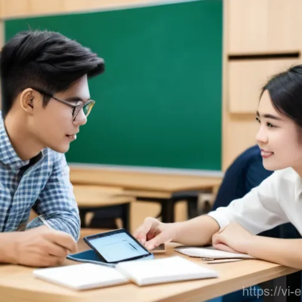 소통을 통한 학습자 경험의 강화 - **Prompt:** A dynamic scene in a bustling yet organized university common area. Two Vietnamese femal...