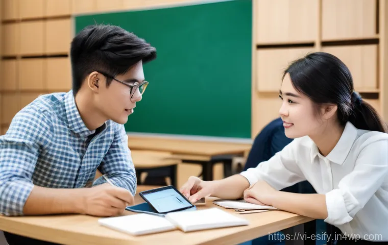 소통을 통한 학습자 경험의 강화 - **Prompt:** A dynamic scene in a bustling yet organized university common area. Two Vietnamese femal...
