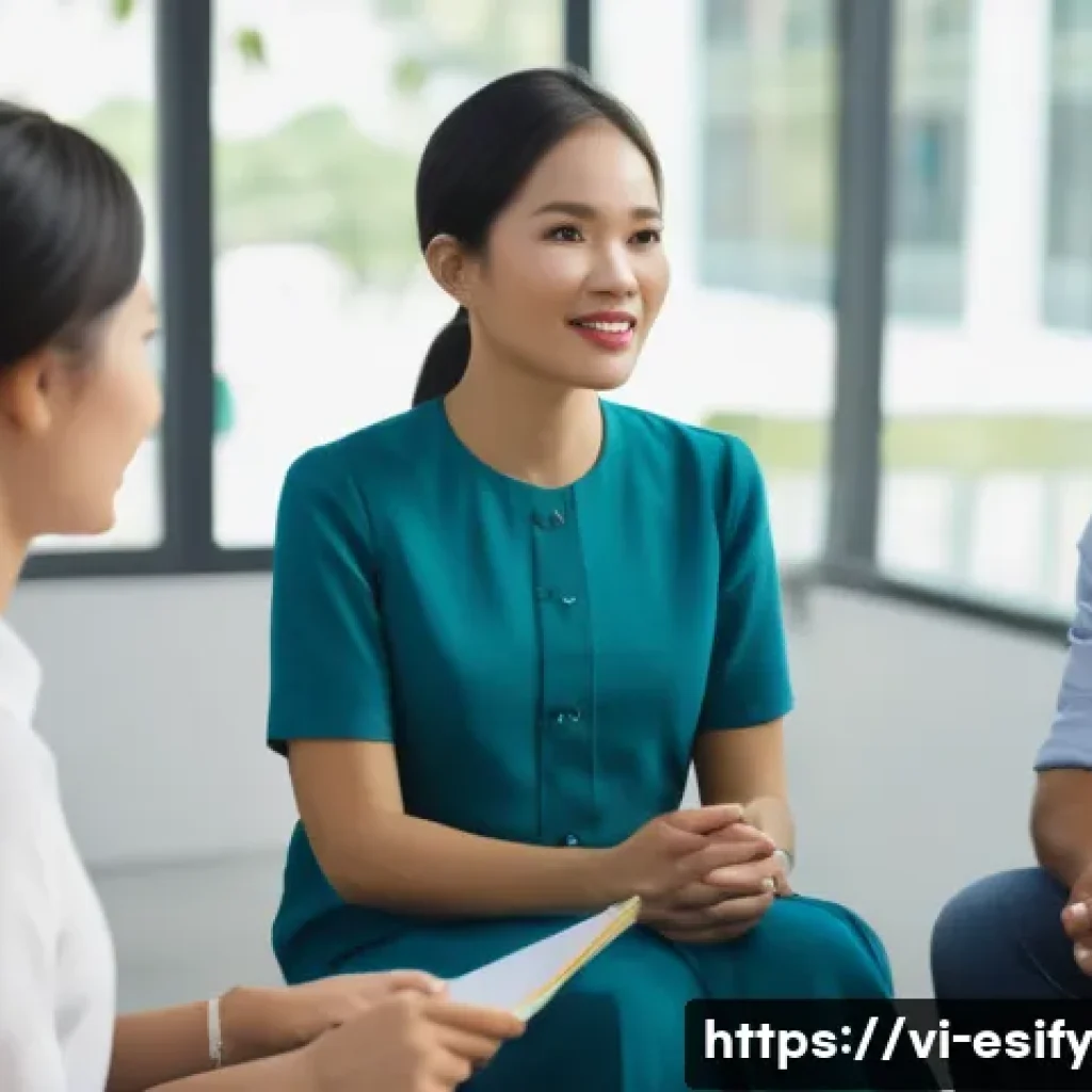 참여를 위한 소통의 기본 원리 - A diverse group of Vietnamese professionals engaged in an active team meeting in a modern office set...