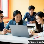 Home 22 소통을 통한 학습자 성장 지원 방법 - A diverse group of Vietnamese university students collaborating in a bright, modern classroom, sitti...