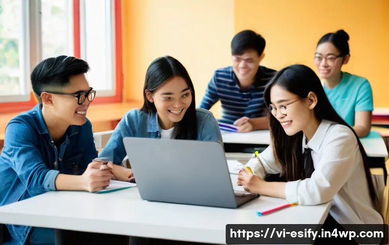 소통을 통한 학습자 성장 지원 방법 - A diverse group of Vietnamese university students collaborating in a bright, modern classroom, sitti...