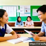 Home 21 소통 활성화를 위한 교수자의 역할 - A vibrant classroom scene in Vietnam featuring a diverse group of adult students engaged in small gr...
