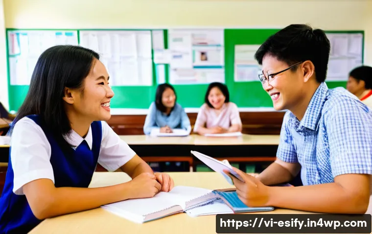 소통 활성화를 위한 교수자의 역할 - A vibrant classroom scene in Vietnam featuring a diverse group of adult students engaged in small gr...