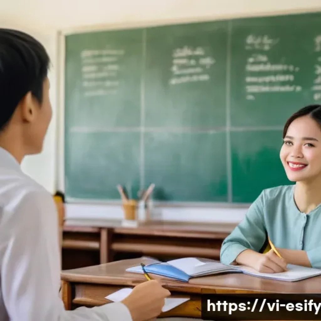 학습자와의 관계를 증진하는 소통법 - A warm, modern Vietnamese classroom scene showing a diverse group of adult students attentively list...