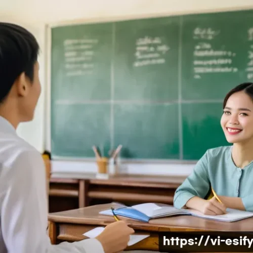 Home 32 학습자와의 관계를 증진하는 소통법 - A warm, modern Vietnamese classroom scene showing a diverse group of adult students attentively list...