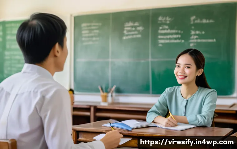 학습자와의 관계를 증진하는 소통법 - A warm, modern Vietnamese classroom scene showing a diverse group of adult students attentively list...