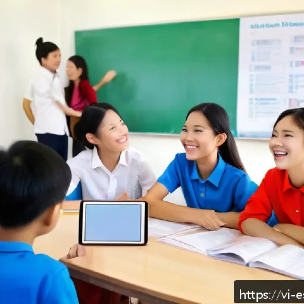 학습자 참여를 위한 통합적 소통 전략 - A vibrant classroom scene in Vietnam showing a diverse group of enthusiastic students actively parti...