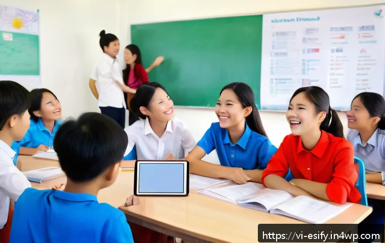 학습자 참여를 위한 통합적 소통 전략 - A vibrant classroom scene in Vietnam showing a diverse group of enthusiastic students actively parti...