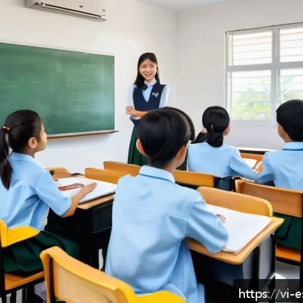 소통을 통한 학습자 성취감 증대 - A modern Vietnamese classroom scene showing diverse middle school students actively practicing activ...