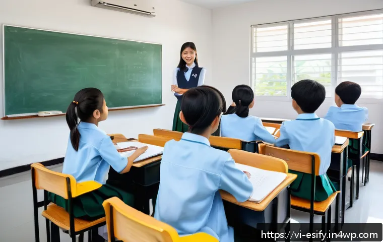 소통을 통한 학습자 성취감 증대 - A modern Vietnamese classroom scene showing diverse middle school students actively practicing activ...