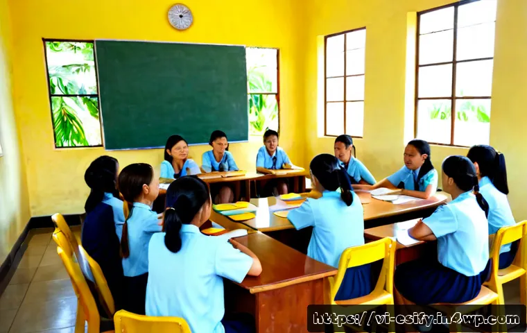 Home 17 참여형 학습 환경 조성하기 - Photorealistic Vietnamese secondary school classroom designed for participatory learning, diverse st...